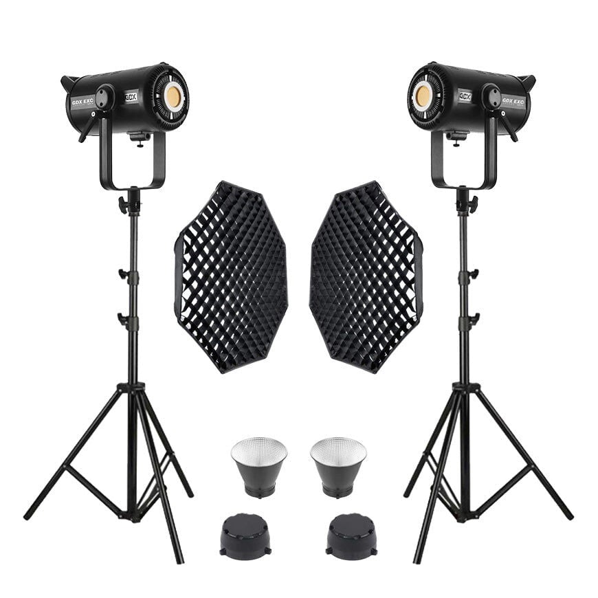 GDX EXC-220C-II Bi-Color LED Video Işığı 2’li Set 460W 2x 95cm Gridli Octagon Softboxlu Tam Set