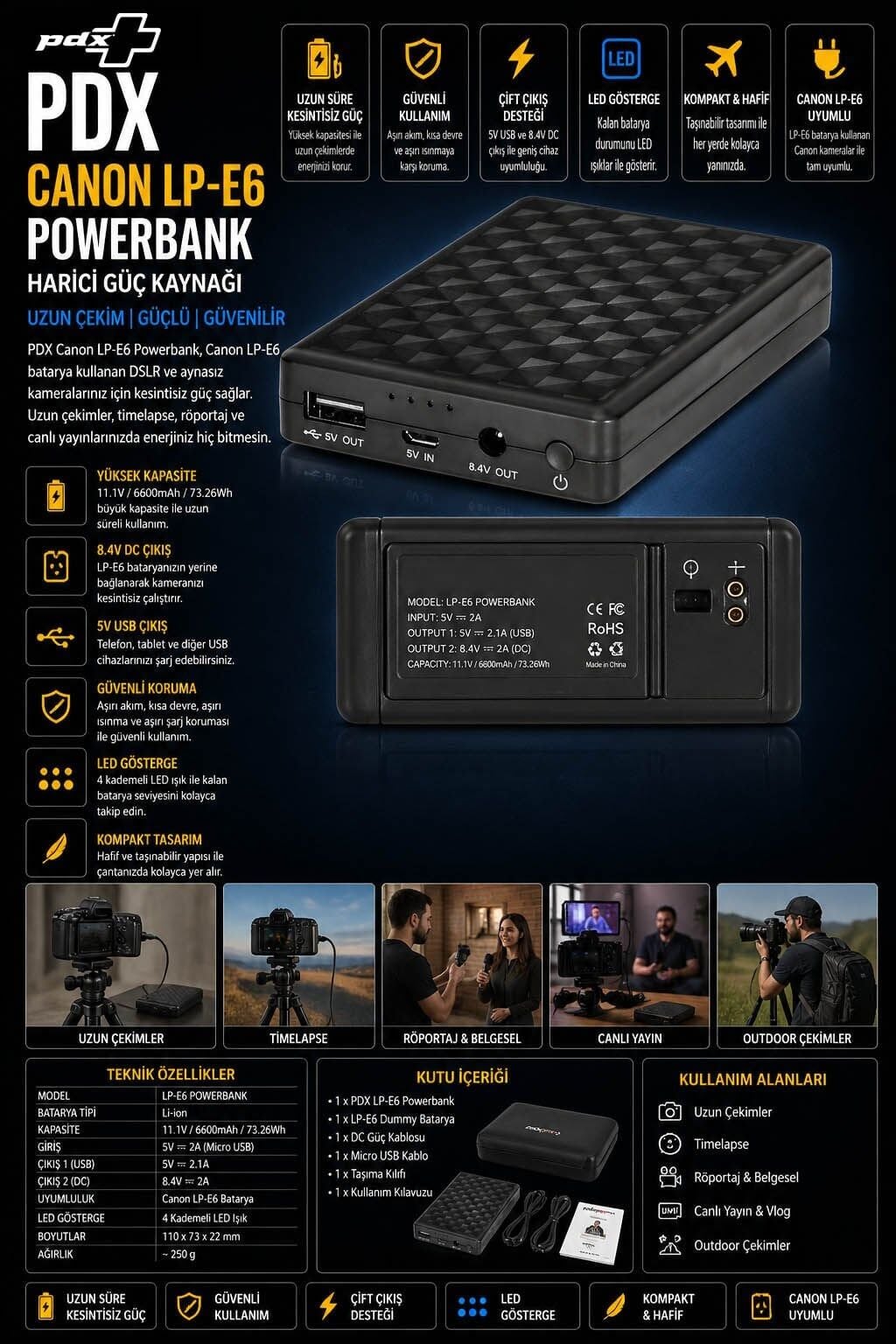 PDX Canon LP-E6 Powerbank | Harici Güç Kaynağı | Uzun Çekim