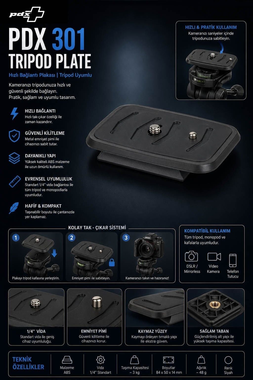 PDX 301 Tripod Plate | Hızlı Bağlantı Plakası | Tripod Uyumlu
