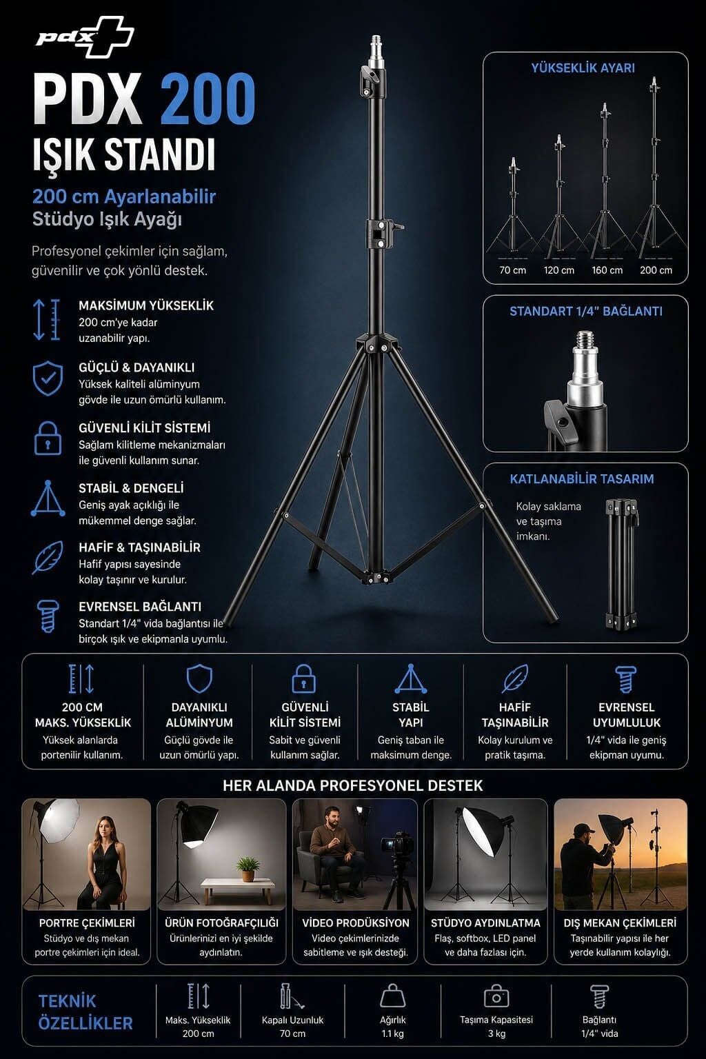 PDX 200 Işık Standı | 200 cm | Ayarlanabilir Stüdyo Işık Ayağı