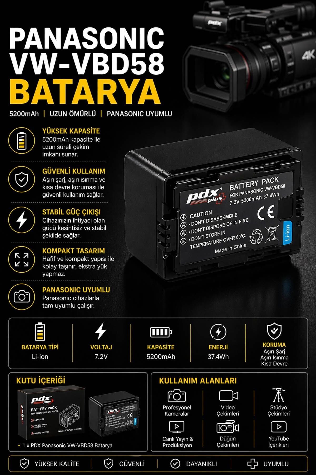 PDX Panasonic VW-VBD58 Batarya | 5200mAh | Panasonic Uyumlu