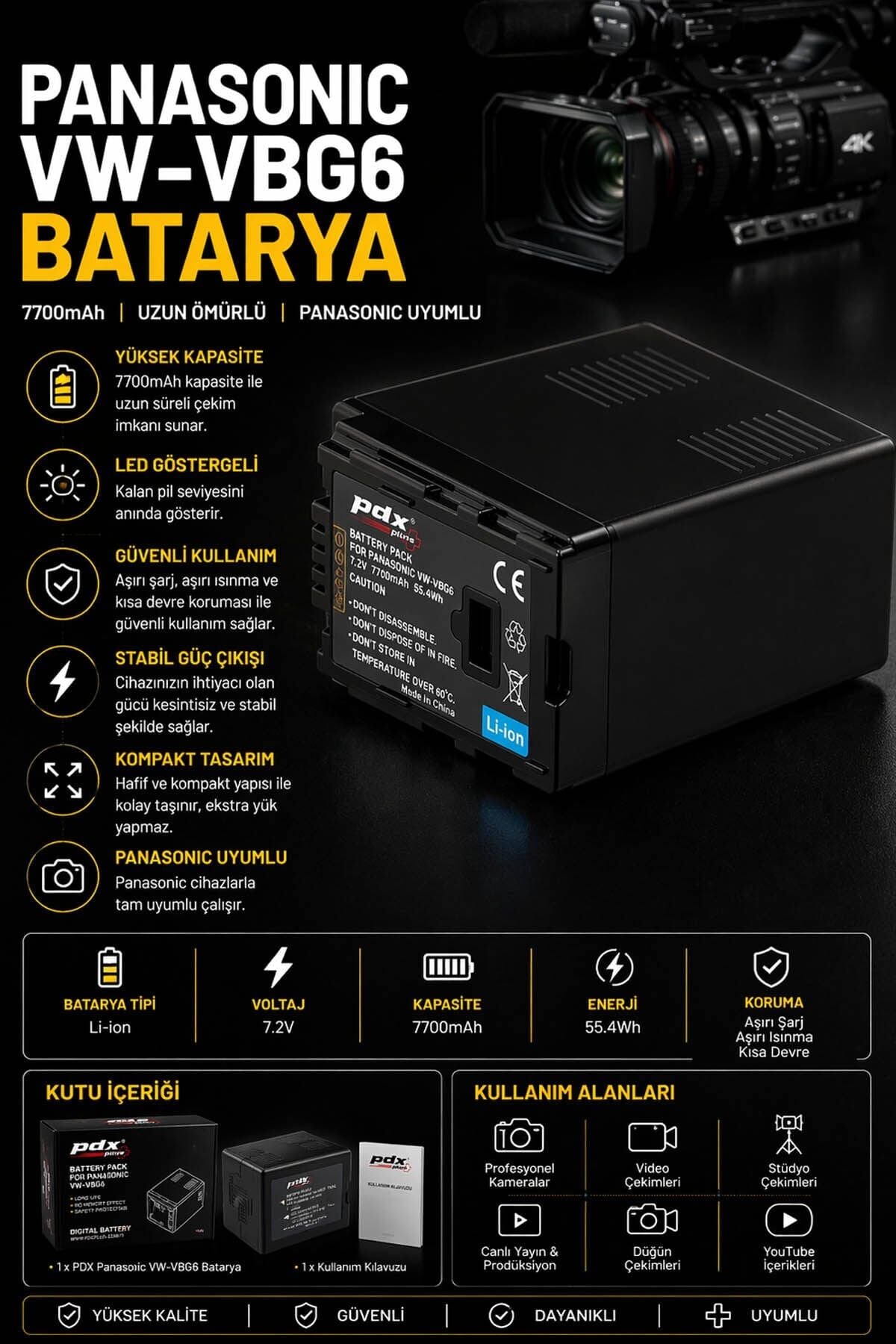 PDX Panasonic VW-VBG6 Batarya | 7700mAh | Panasonic Uyumlu