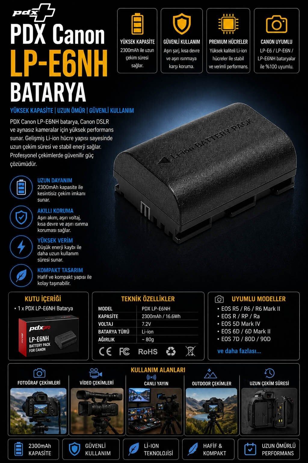 PDX Canon LP-E6NH Batarya | Yüksek Kapasite | Canon Uyumlu