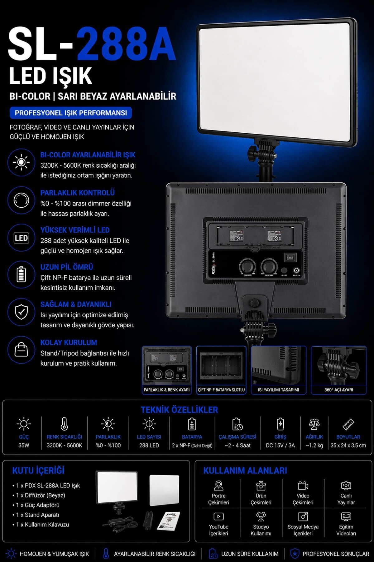 PDX SL-288A LED Işık | Bi-Color | Sarı Beyaz Ayarlanabilir