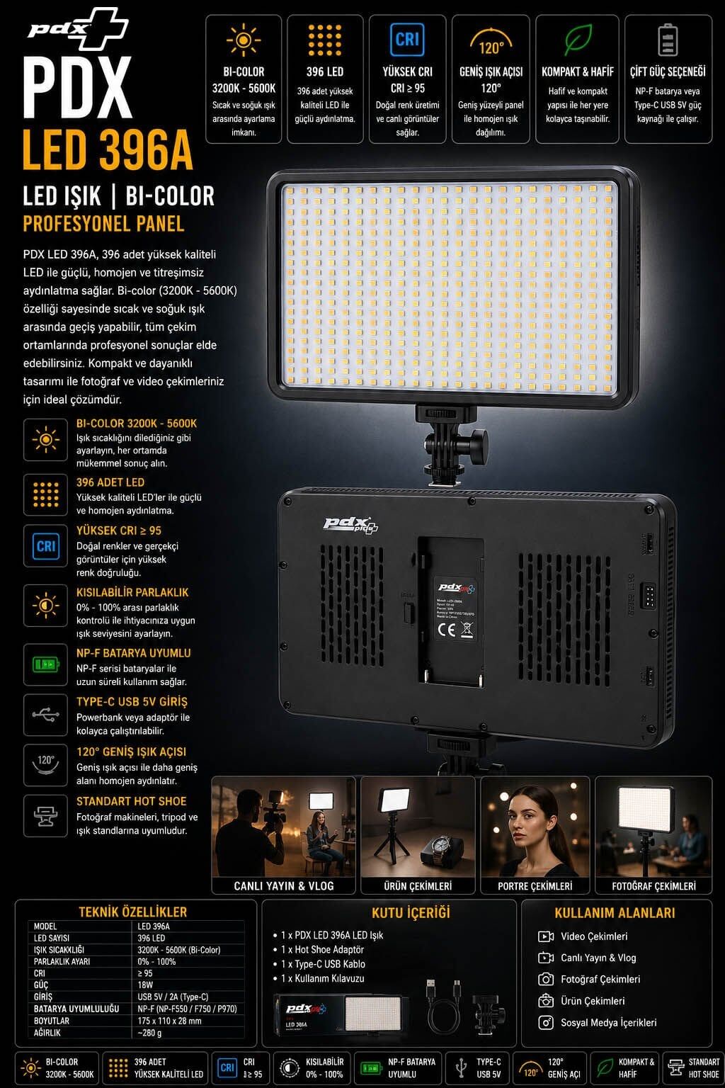 PDX LED 396A LED Işık | Bi-Color | Profesyonel Panel