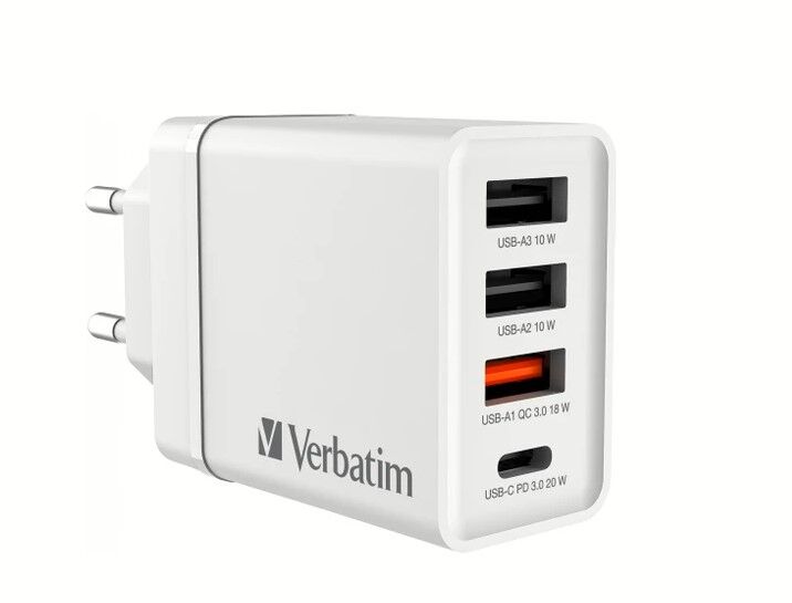 VERBATIM  CHR-30EU2 USB CHARGER 30W WITH 1XUSB-C PD 20W/1XUSB-A QC 3.0/ 2XUSB