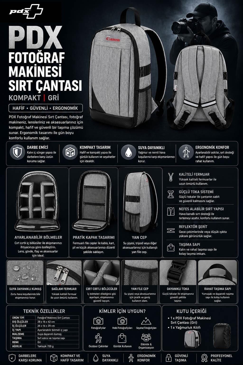 PDX Fotoğraf Makinesi Sırt Çantası | for Canon | Gri