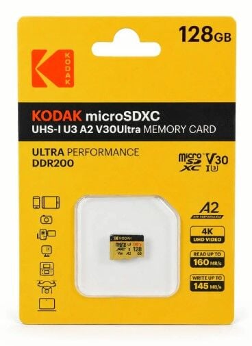 Kodak 128GB UHS-I U3 A2 V30Ultra Micro SD Hafıza Kartı (Pocket Kameralarla Uyumlu)