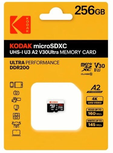 Kodak 256GB UHS-I U3 A2 V30Ultra Micro SD Hafıza Kartı (Pocket Kameralarla Uyumlu) (160MB/s - 145MB/s)