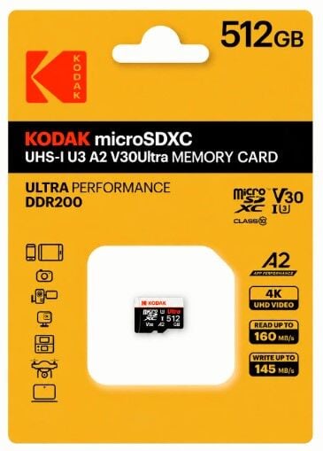 Kodak 512GB UHS-I U3 A2 V30Ultra Micro SD Hafıza Kartı (Pocket Kameralarla Uyumlu) (160MB/s - 145MB/s)