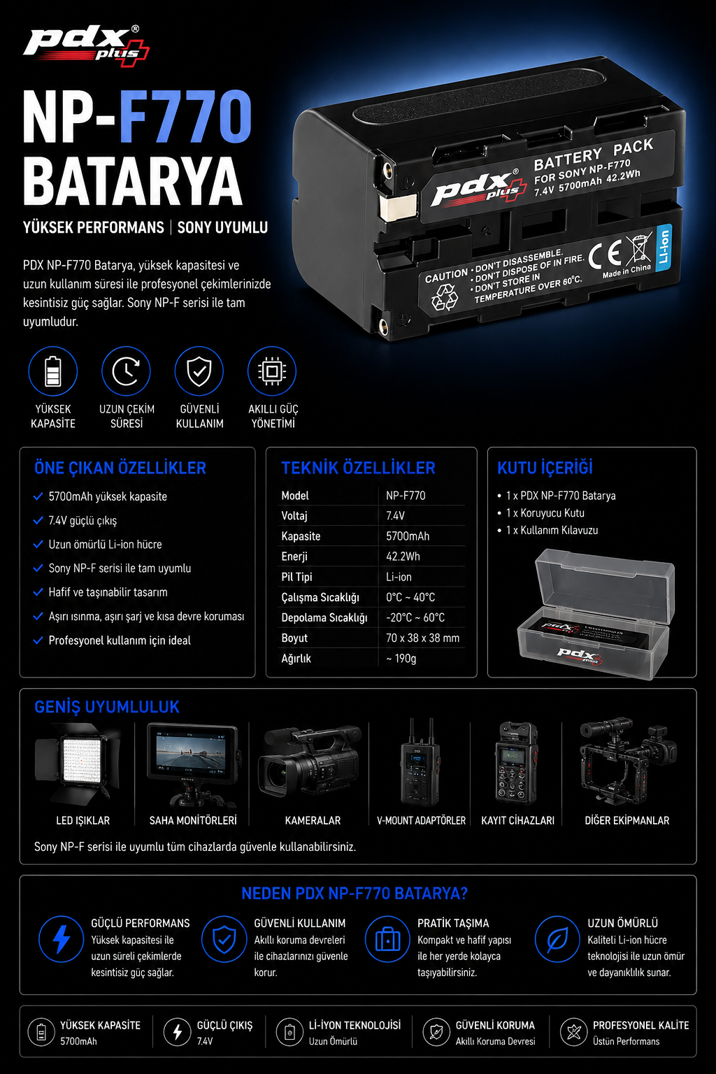 PDX NP-F770 Batarya | Yüksek Performans | Sony Uyumlu
