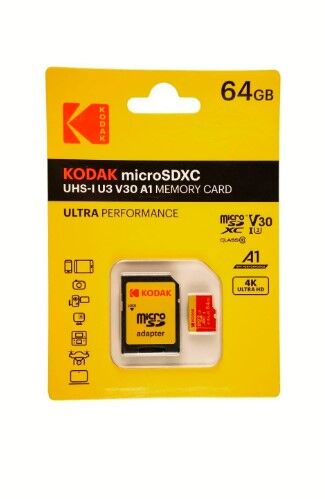 Kodak 64GB UHS-I U3/V30/A1 Red Micro SD + Adaptör