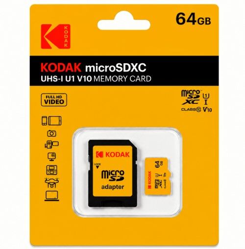 Kodak 64GB Micro SD UHS-I C10 U1 V10 Kart + Adaptör (Sarı)